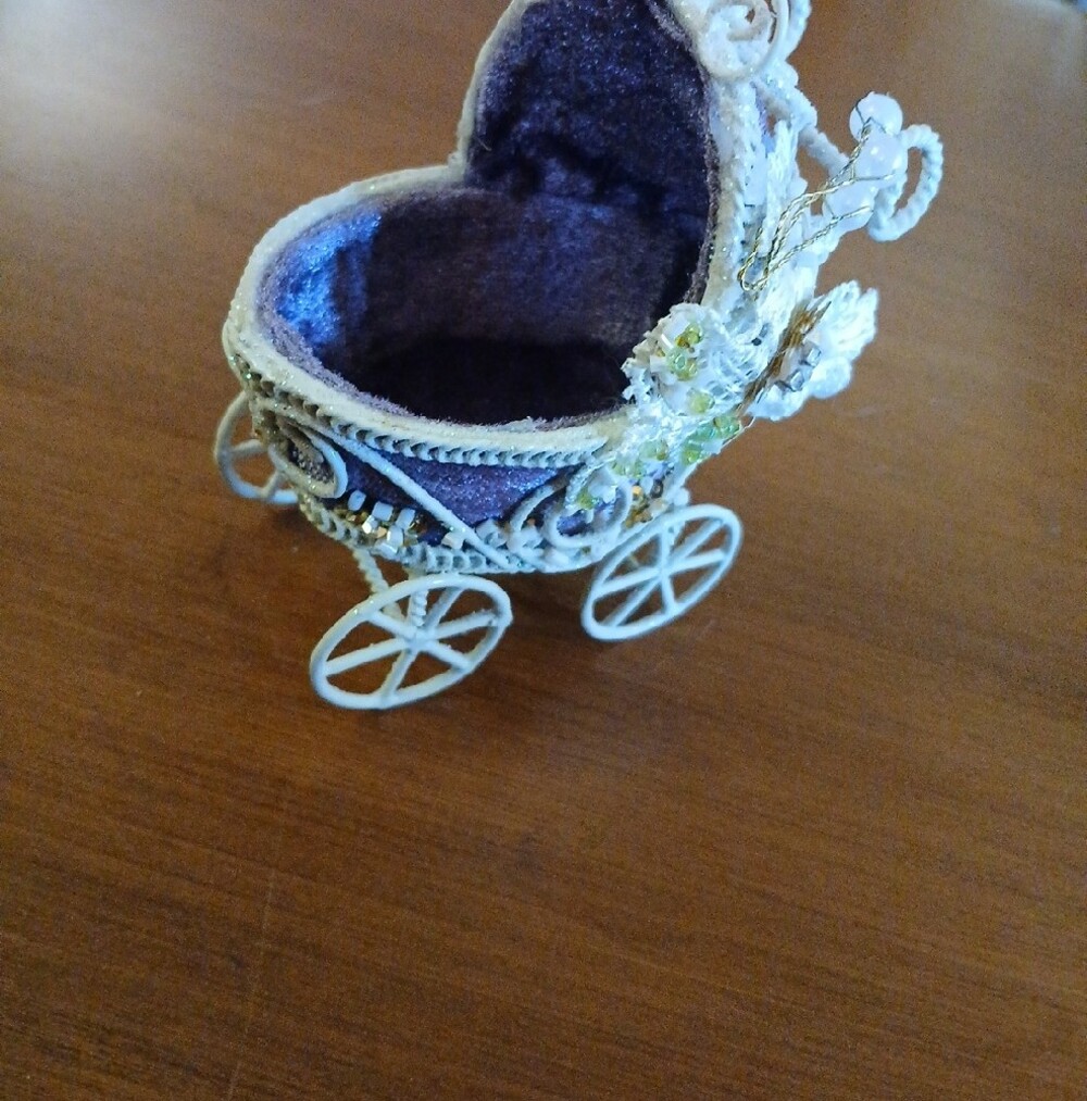 Unique Decorative Collectible Mini Stroller White Sparkles RARE Purple Velvet 4" - Picture 2 of 8